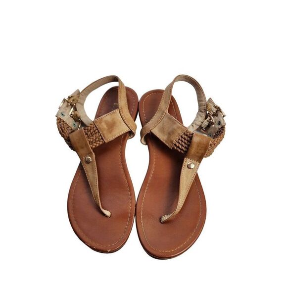 Mia Braided T-Strap Thong Flat Tan Boho Sandals Size 7.5 - Picture 1 of 6